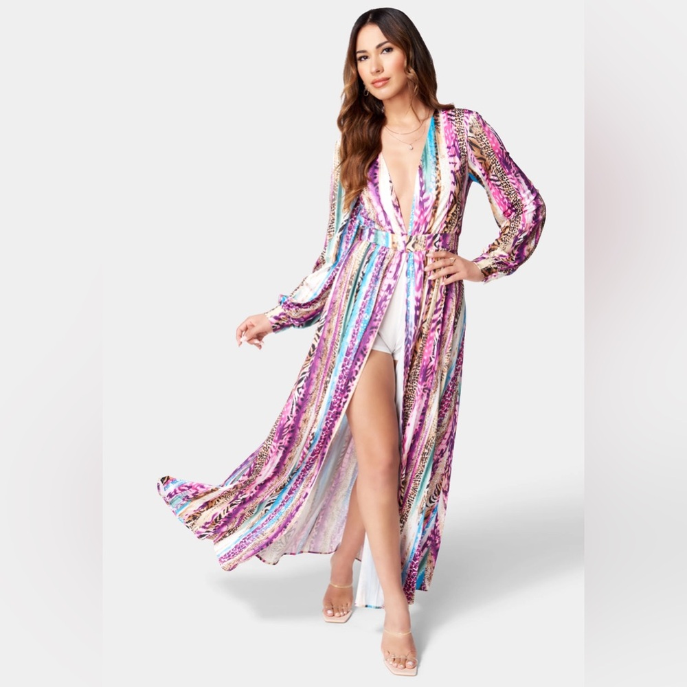 Bebe Deep V-neck Printed Maxi Dress Pink Purple Turquoise Blue Cheetah